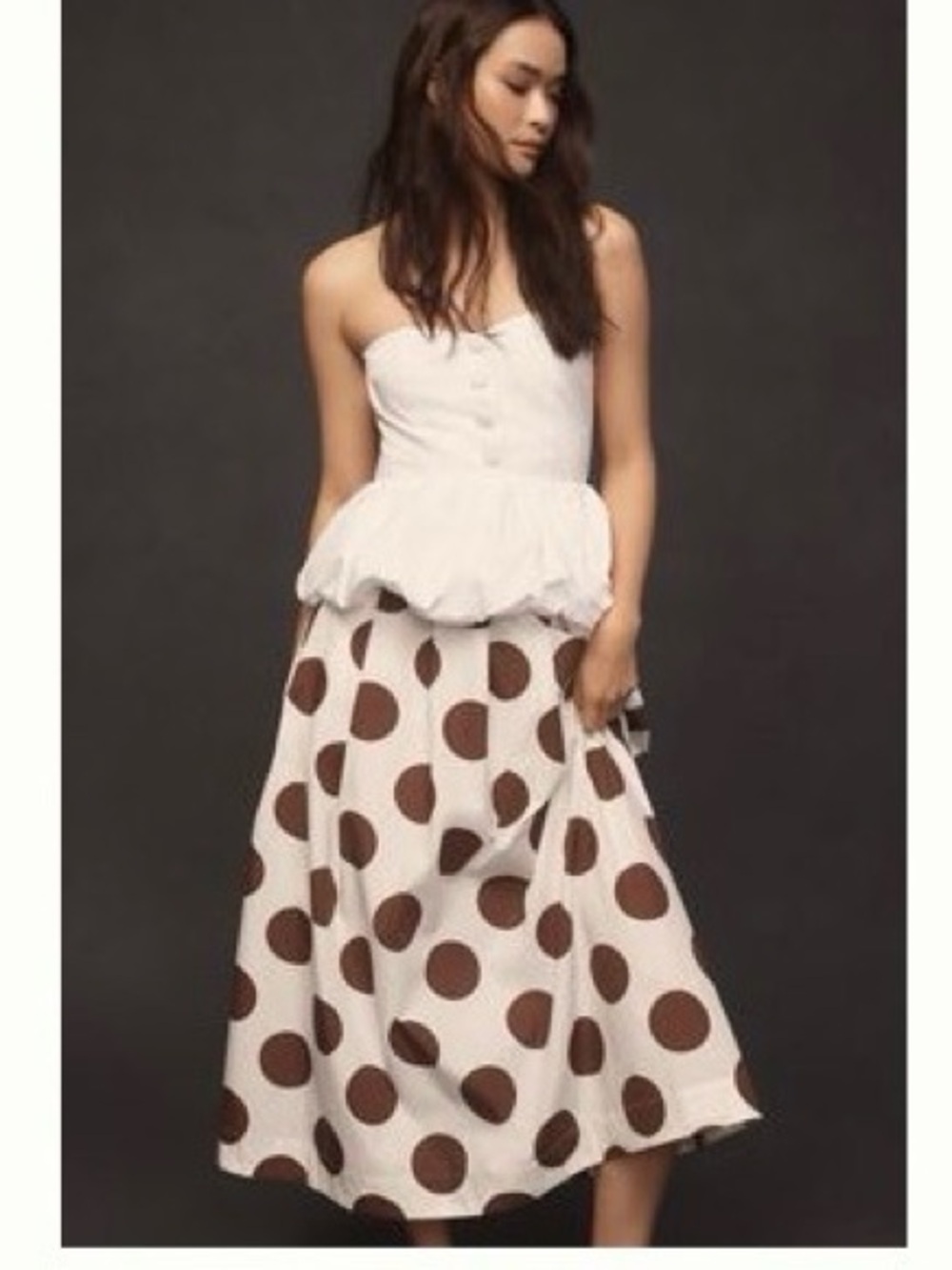 Polka Dot Midi Skirt - White with Brown Dots